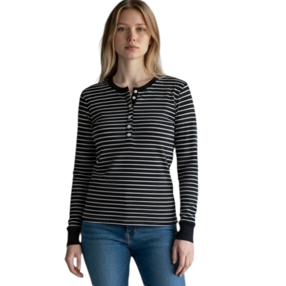 LAUREN RALPH‎ LAUREN Black and White Striped Thermal Henley Top Size Medium